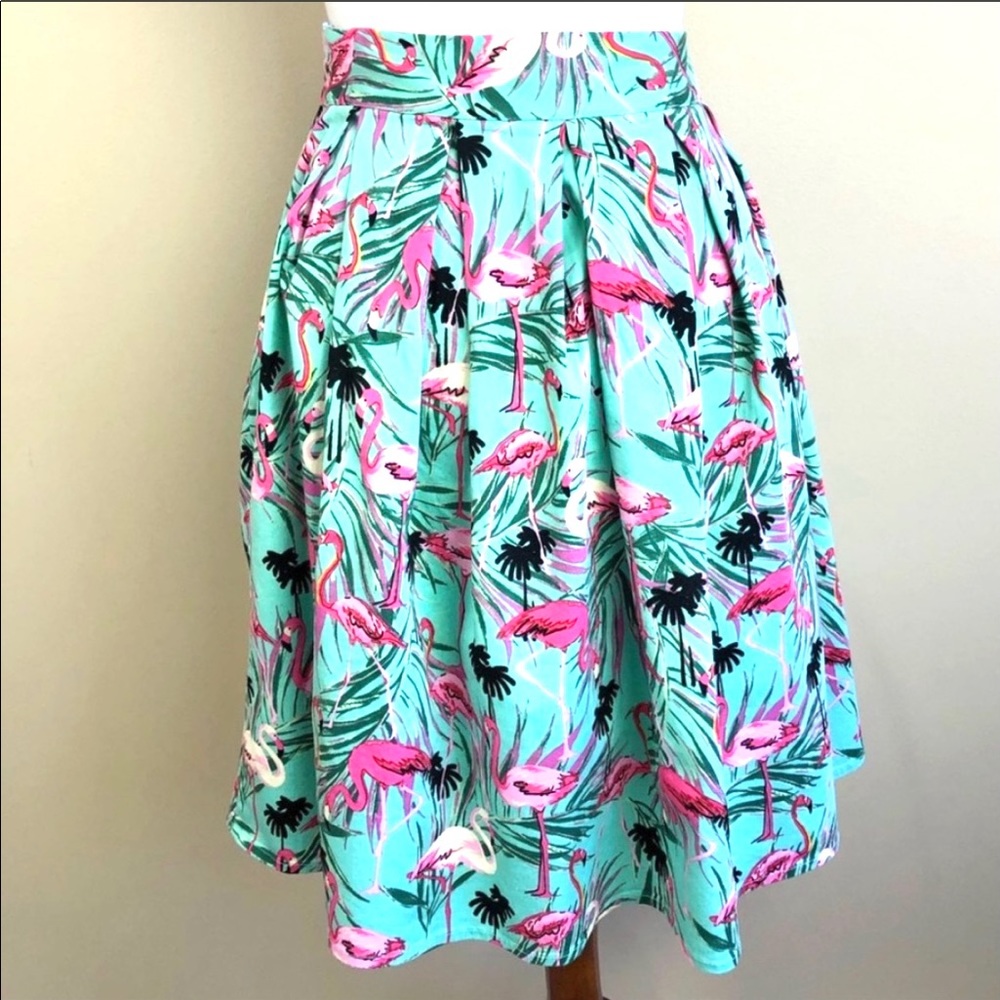 Pink Flamingo Print Graphic Midi A Line Skirt